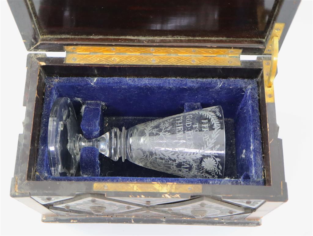 A rare documentary Irish wheel engraved lead glass goblet, dated 1697, with a Victorian fitted rosewood & pewter inlaid box